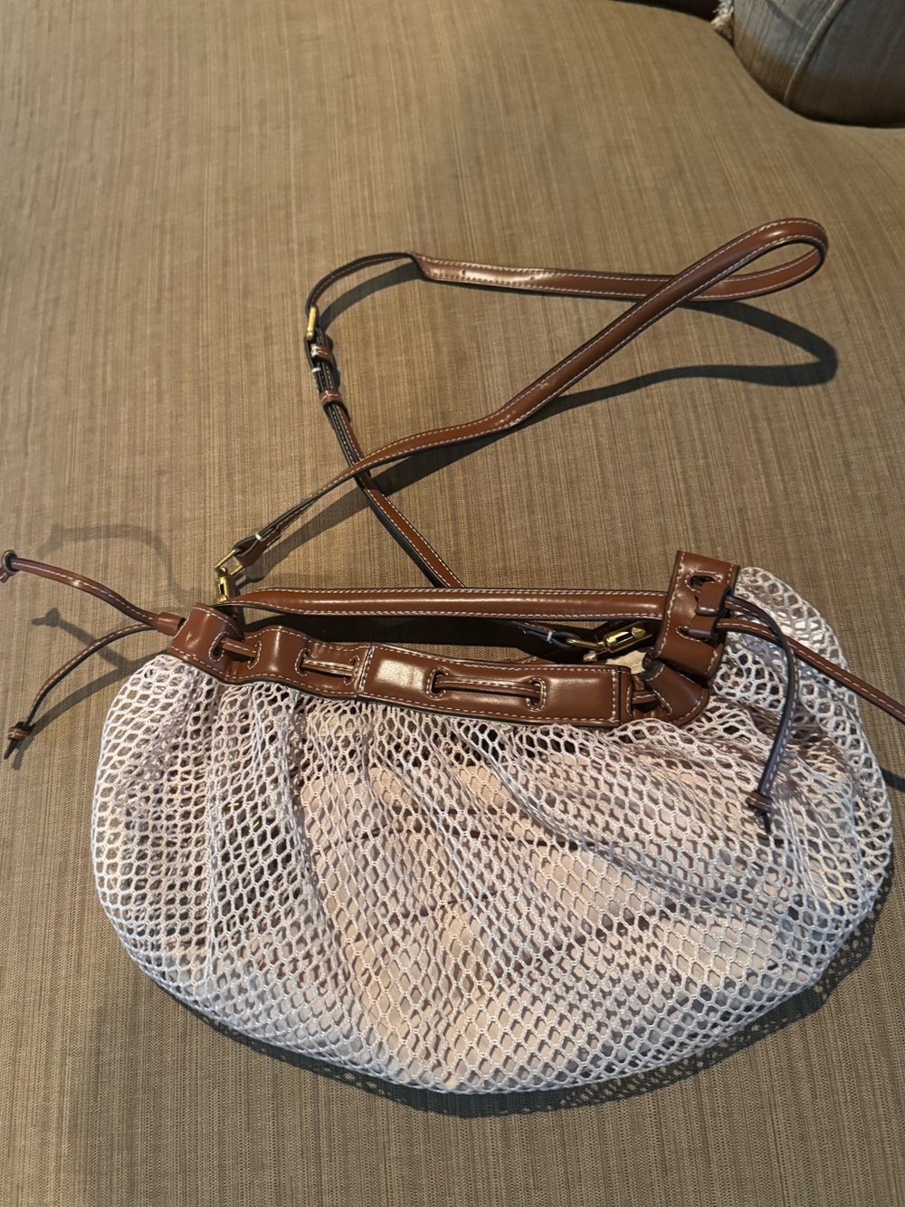 Zara Brown Leather-Trim Beige Mesh Crossbody Bag. NWOT.